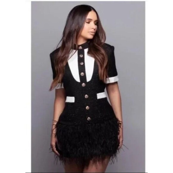 Tuxedo Style Sparkle Tweed Mini Dress with Fringe Feather Hem Sz M (6/8) - Picture 2 of 16